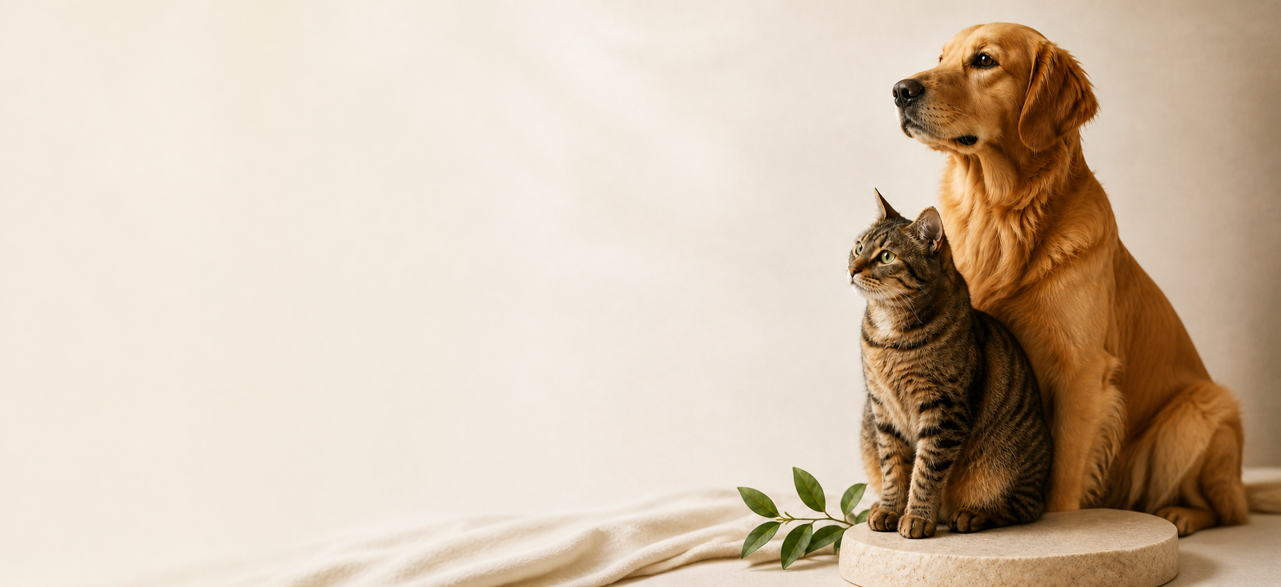 Golden retriever and tabby cat in a warm studio setting